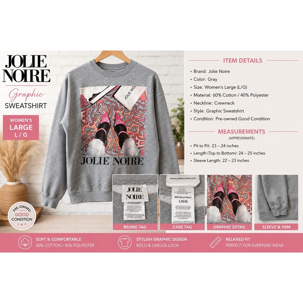 Jolie Noire Graphic Sweatshirt Womens Large Gray Pink Heels Crewneck Pullover